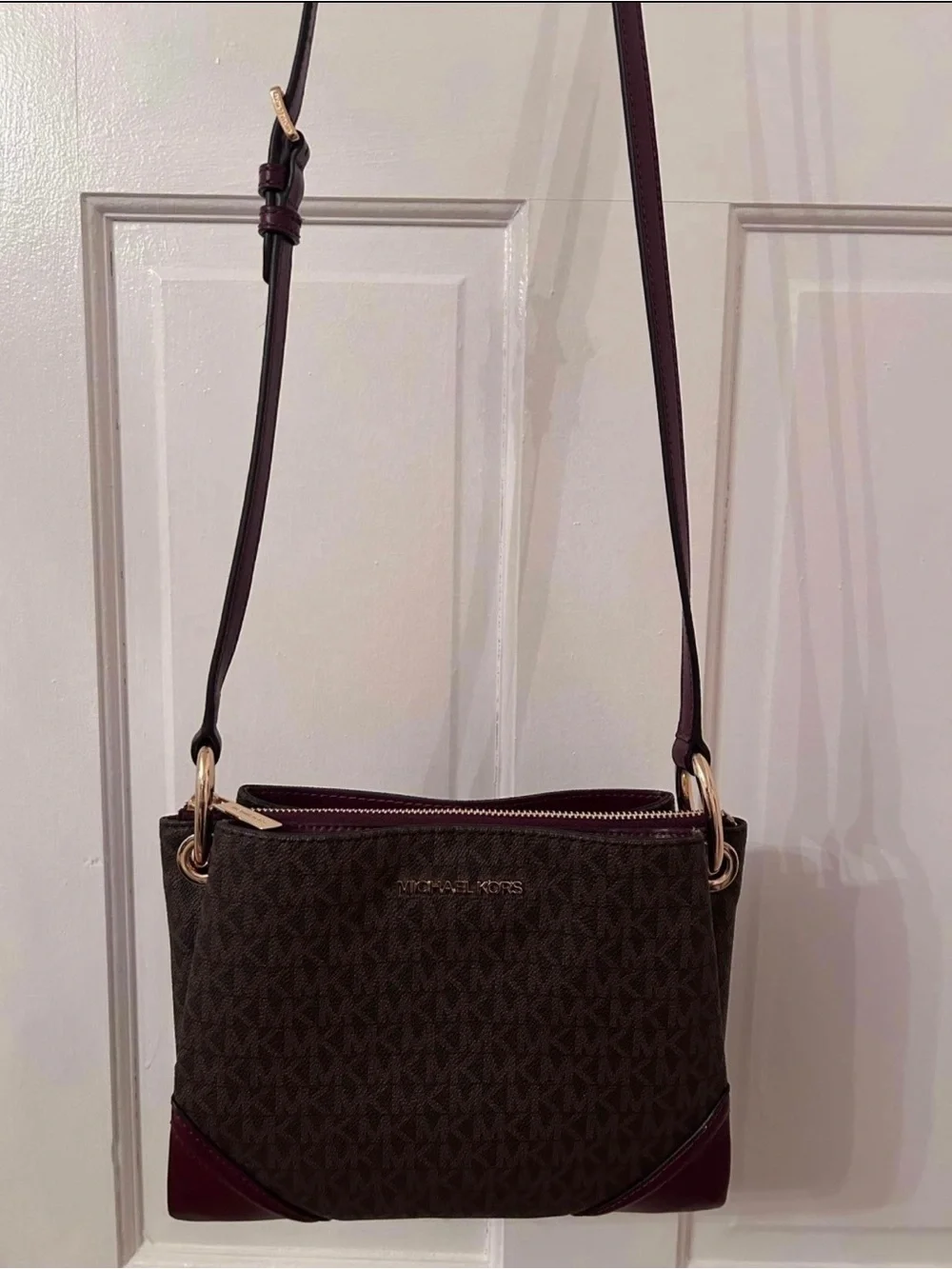 Michael Kors Brown Monogram Crossbody with Plum Accents